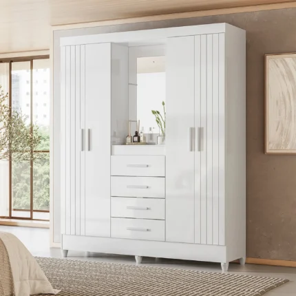 Guarda-Roupa Solteiro 4 Portas 4 Gavetas Capelinha Atenas Moval - Branco