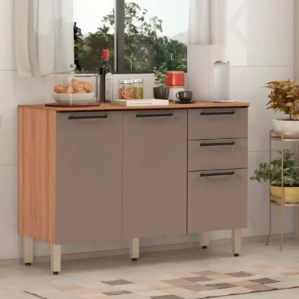 Balcão sem Tampo 2 Portas 3 Gavetas em MDP 120cm Caiena Telasul - Mel/Fume