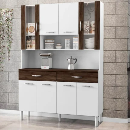 Cozinha Compacta 8 Portas 2 Gavetas Acabamento Serigrafado Golden Kit´s Paraná - Nogueira/Off White/Ripado